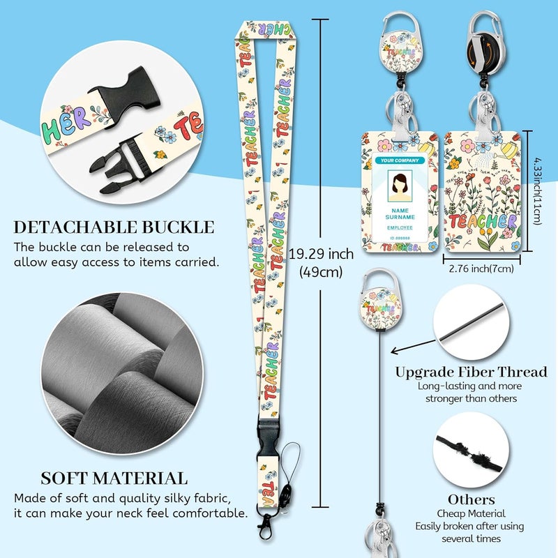 Hancynir Teacher Lanyards for Id Badges, Cute Flower Floral Badge Holder with Retractable Reel Clip, Adjustable Work Name Tags Keychain Lanyard ID Card Protector Cover Case for Women Nurse Office - Image 4